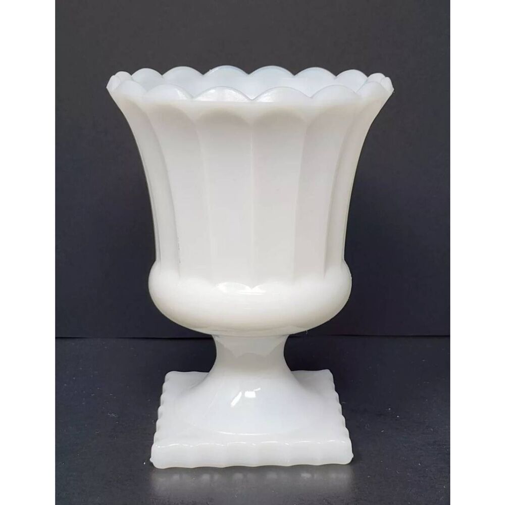 Anchor Hocking Milk Glass 6" Fluted Vase Urn Planter Scalloped Top Edge Square P